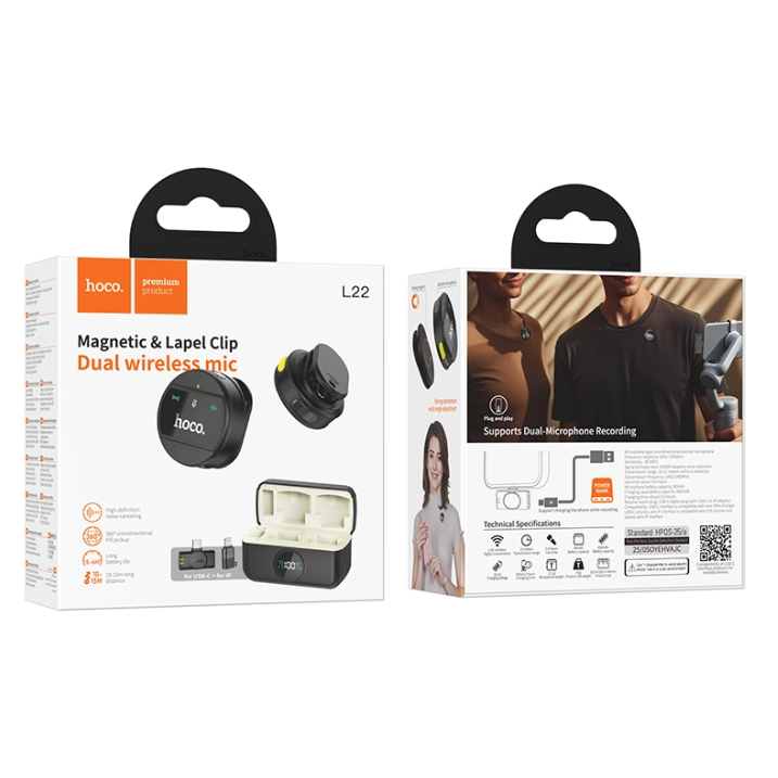 Hoco L22 Magnetic Dual Wireless Lapel Microphone (USB-C & Lightning / iP, ENC Noise Reduction)